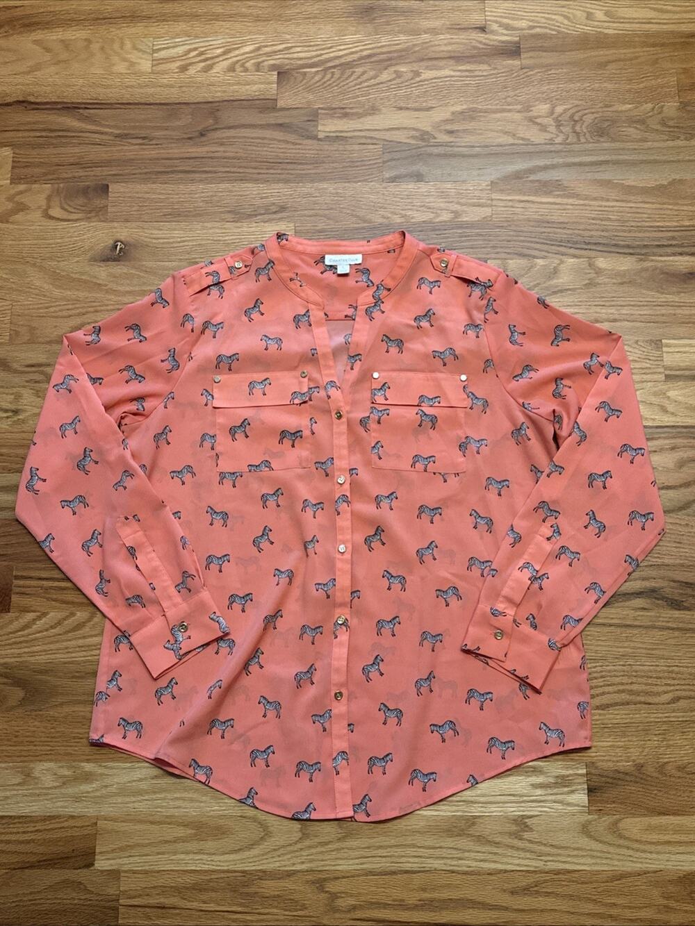 Charter Club Woman Coral Novelty Zebra Print Roll Tab Button Blouse Sz Large